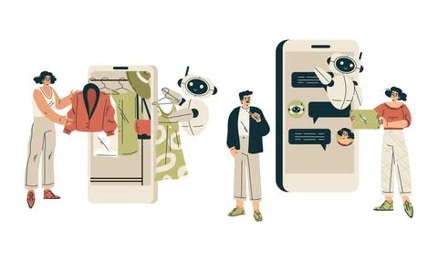 Artificial Intelligence Technology with People Character Interacting with Smart Stock Illustration