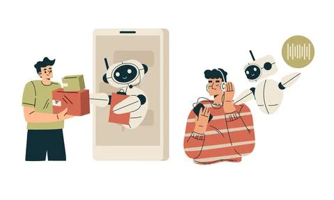 Artificial Intelligence Technology with People Character Interacting with Smart Stock Illustration