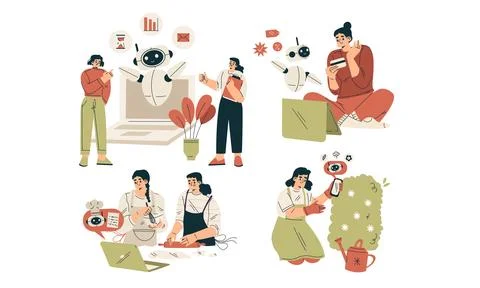 Artificial Intelligence Technology with People Character Interacting with Smart Illustrazione stock