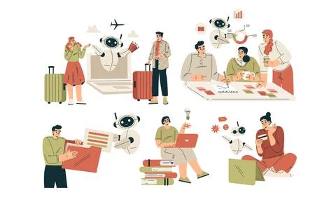 Artificial Intelligence Technology with People Character Interacting with Smart Stock Illustration