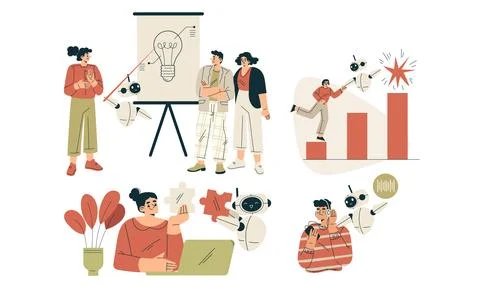 Artificial Intelligence Technology with People Character Interacting with Smart Illustrazione stock