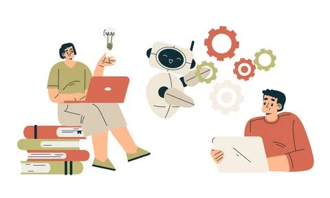 Artificial Intelligence Technology with People Character Interacting with Smart Stock Illustration