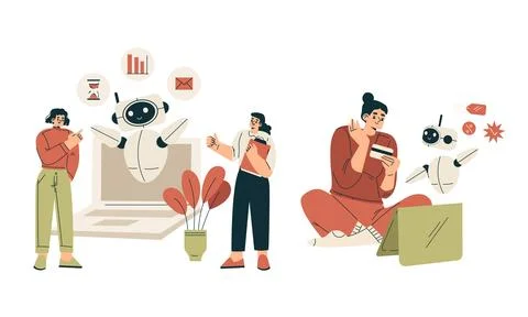 Artificial Intelligence Technology with People Character Interacting with Smart Stock Illustration