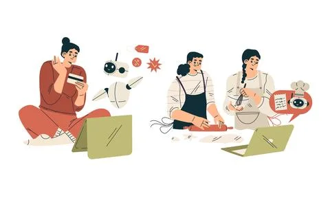 Artificial Intelligence Technology with People Character Interacting with Smart Stock Illustration