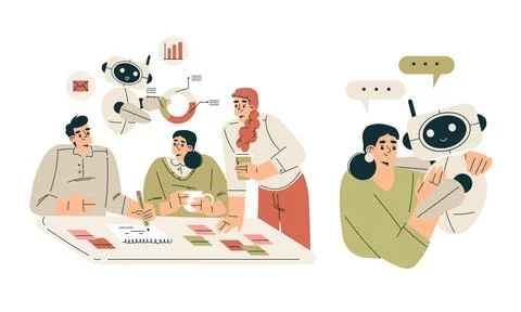 Artificial Intelligence Technology with People Character Interacting with Smart Stock Illustration