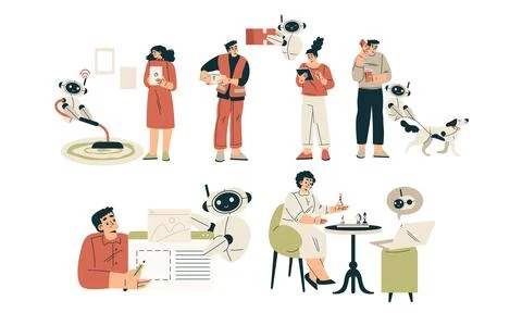 Artificial Intelligence Technology with People Character Interacting with Smart Stock Illustration