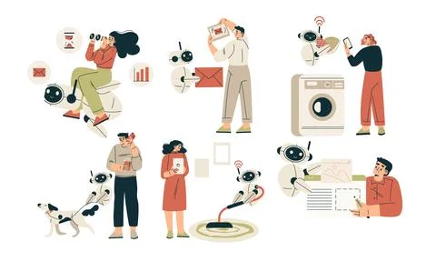 Artificial Intelligence Technology with People Character Interacting with Smart Stock Illustration