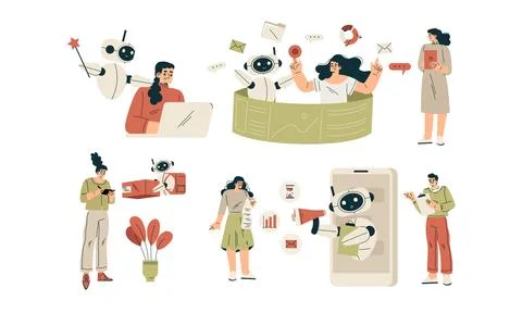 Artificial Intelligence Technology with People Character Interacting with Smart Stock Illustration