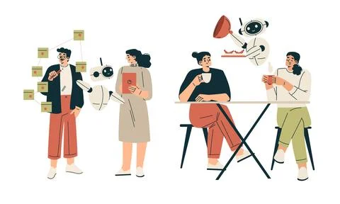 Artificial Intelligence Technology with People Character Interacting with Smart Stock Illustration