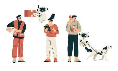 Artificial Intelligence Technology with People Character Interacting with Smart Illustrazione stock