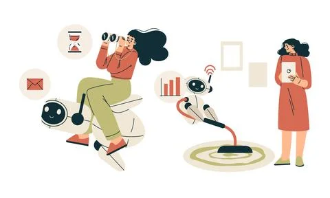 Artificial Intelligence Technology with People Character Interacting with Smart Stock Illustration