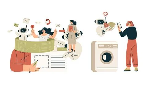 Artificial Intelligence Technology with People Character Interacting with Smart Stock Illustration