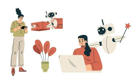 Artificial Intelligence Technology with People Character Interacting with Smart Illustrazione stock