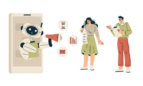 Artificial Intelligence Technology with People Character Interacting with Smart Stock Illustration