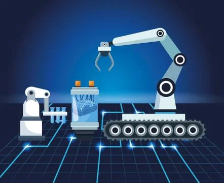 Artificial intelligence technology robot arm human brain process Stock Illustration