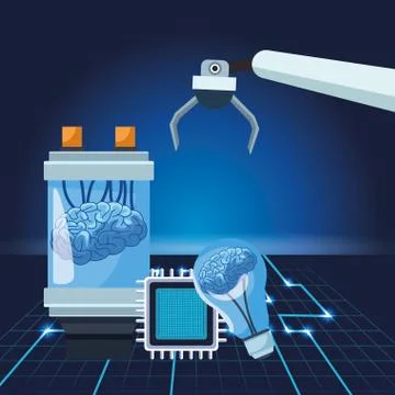 Artificial intelligence technology robotic arm human brain bulb circuit Stock Illustration