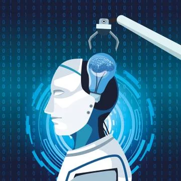 Artificial intelligence technology robotic arm cyborg human brain development Stock Illustration