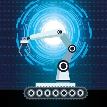 Artificial intelligence technology robotic arm binary code background Illustrazione stock