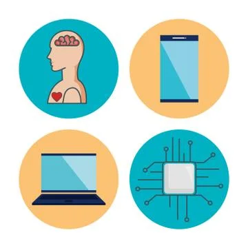 Artificial intelligence technology set icons Stock Illustration