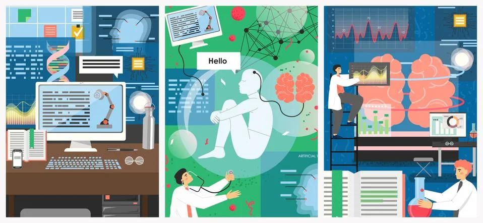 Artificial intelligence technology vector poster template set Illustrazione stock