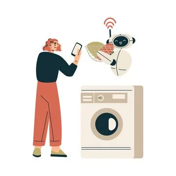 Artificial Intelligence Technology with Woman Character Do Laundry with Bot Stock Illustration