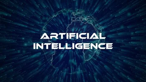 Artificial Intelligence text concept on si-fi particles background. Dot par.. Stock Illustration