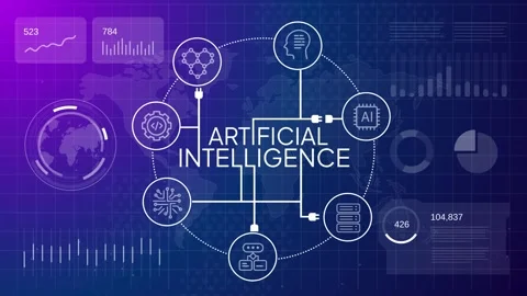 Artificial intelligence text with network nodes and tech icons on global Stock Footage 336065578
