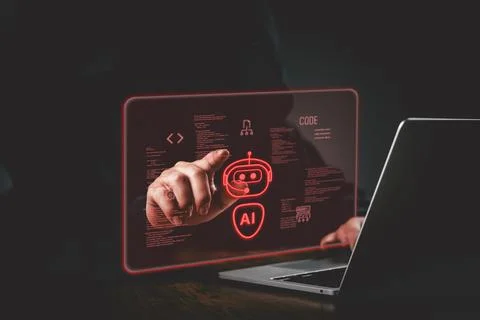 Artificial intelligence threat warning sign man using computer red glowing .. Stock Photos