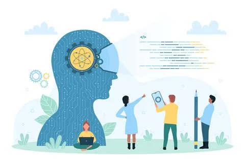 Artificial intelligence, tiny people work with smart AI brain in head with Stock Illustration