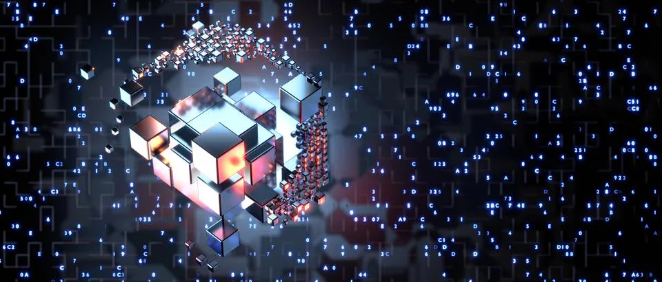 Artificial intelligence training concept. Hi-tech Square blocks are assembled Stock Illustration