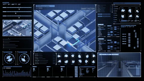 Artificial intelligence transport robot that moves goods.UI.Smart Logistics. 4k. Stock Footage 155376463