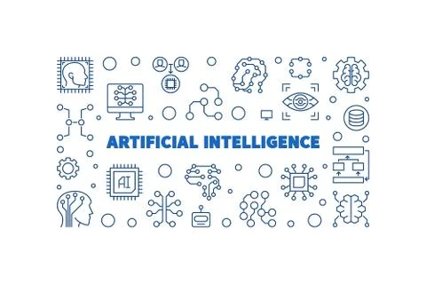 Artificial Intelligence vector blue linear horizontal illustration Stock Illustration