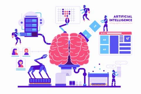 Artificial intelligence vector illustration in flat design. Brain, robots Illustrazione stock