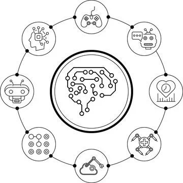Artificial intelligence vector line icons set logo or background . AI technology Stock Illustration