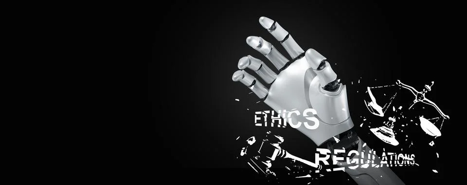 Artificial intelligence violates AI ethics and regulations. Robotic hand br.. 스톡 일러스트