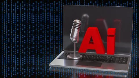 Artificial Intelligence Voice Technology on Laptop with Binary Code 3d render Stockillustratie