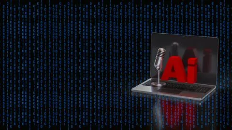 Artificial Intelligence Voice Technology on Laptop with Binary Code 3d render Illustrazione stock