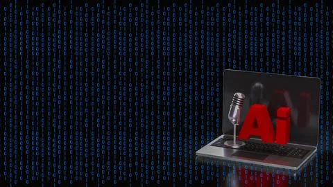 Artificial Intelligence Voice Technology on Laptop with Binary Code 3d render Stock Illustration