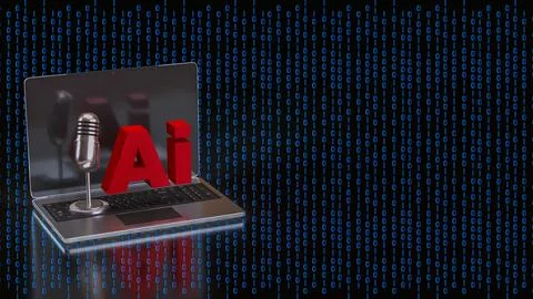 Artificial Intelligence Voice Technology on Laptop with Binary Code 3d render Stockillustratie