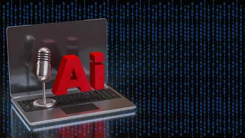 Artificial Intelligence Voice Technology on Laptop with Binary Code 3d render Stockillustratie