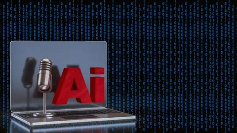 Artificial Intelligence Voice Technology on Laptop with Binary Code 3d render Stockillustratie