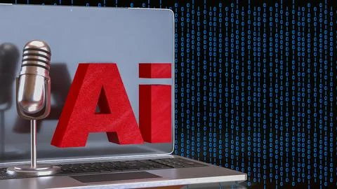 Artificial Intelligence Voice Technology on Laptop with Binary Code 3d render 스톡 일러스트