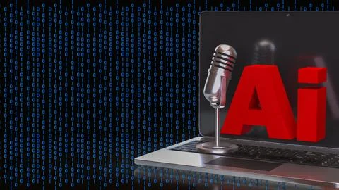 Artificial Intelligence Voice Technology on Laptop with Binary Code 3d render Stockillustratie