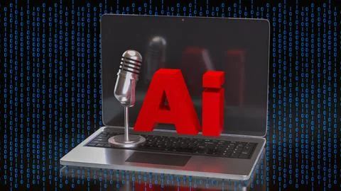 Artificial Intelligence Voice Technology on Laptop with Binary Code 3d render 스톡 일러스트