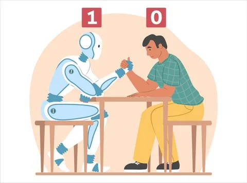 Artificial intelligence vs human, flat vector illustration. Arm wrestling fight Stock Illustration