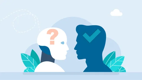 Artificial intelligence vs human mind new ideas, question marks, check mark tab Stock Footage 312514291