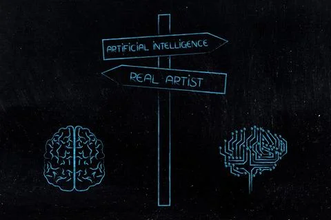 Artificial intelligence vs real artist road sign, from human brain to micro.. Stock Photos