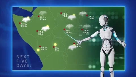 Artificial intelligence weather forecast with map and rain or sun icons. Fut Stock Footage 255877536
