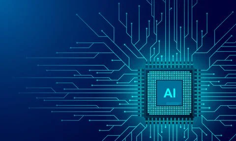 Artificial intelligence web banner. 3D isometric illustration of a processor  Illustrazione stock