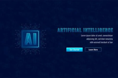 Artificial Intelligence Web Banner Design with Glowing Processor Icon and F.. Illustrazione stock